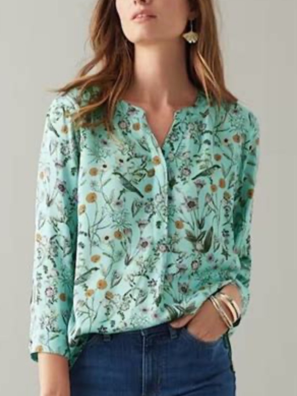 J Jill sz Small Petite SP top button 3/4 sleeves botanical